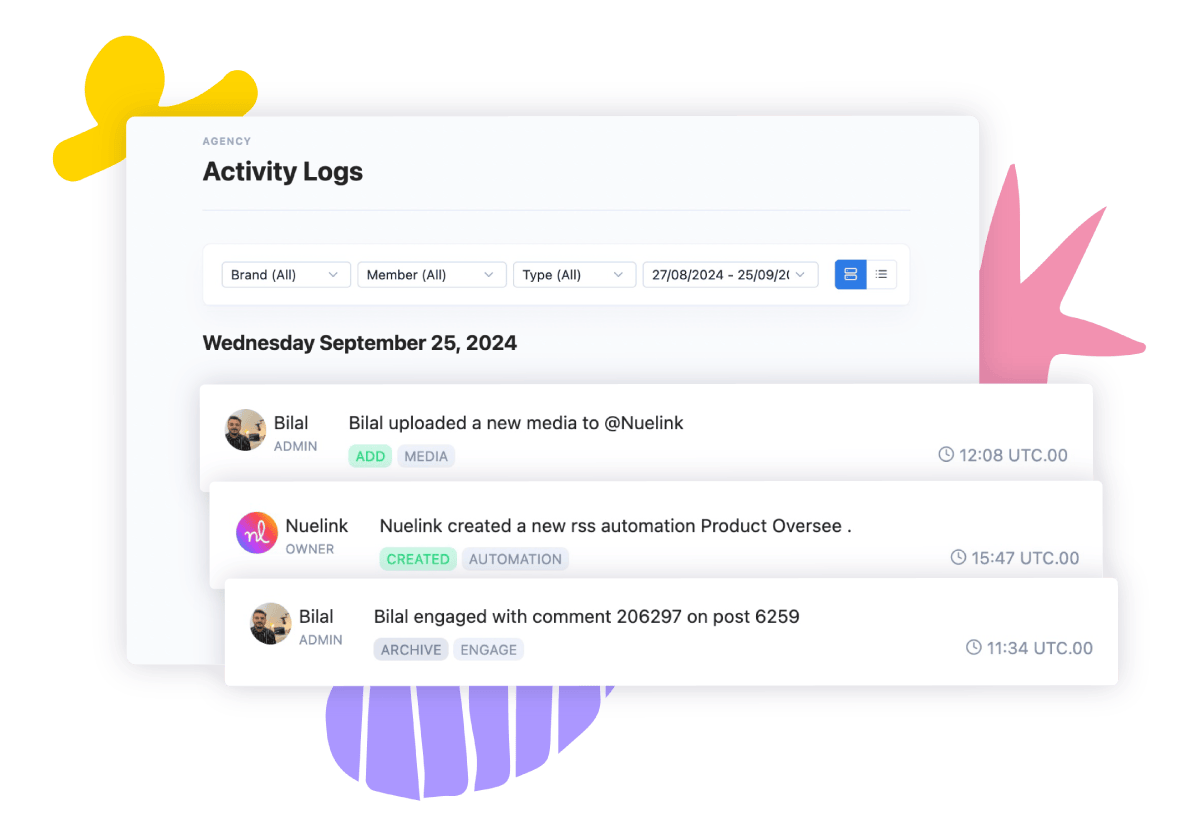 Increase transparency and accountability within your team via Nuelink's activity logs feature.