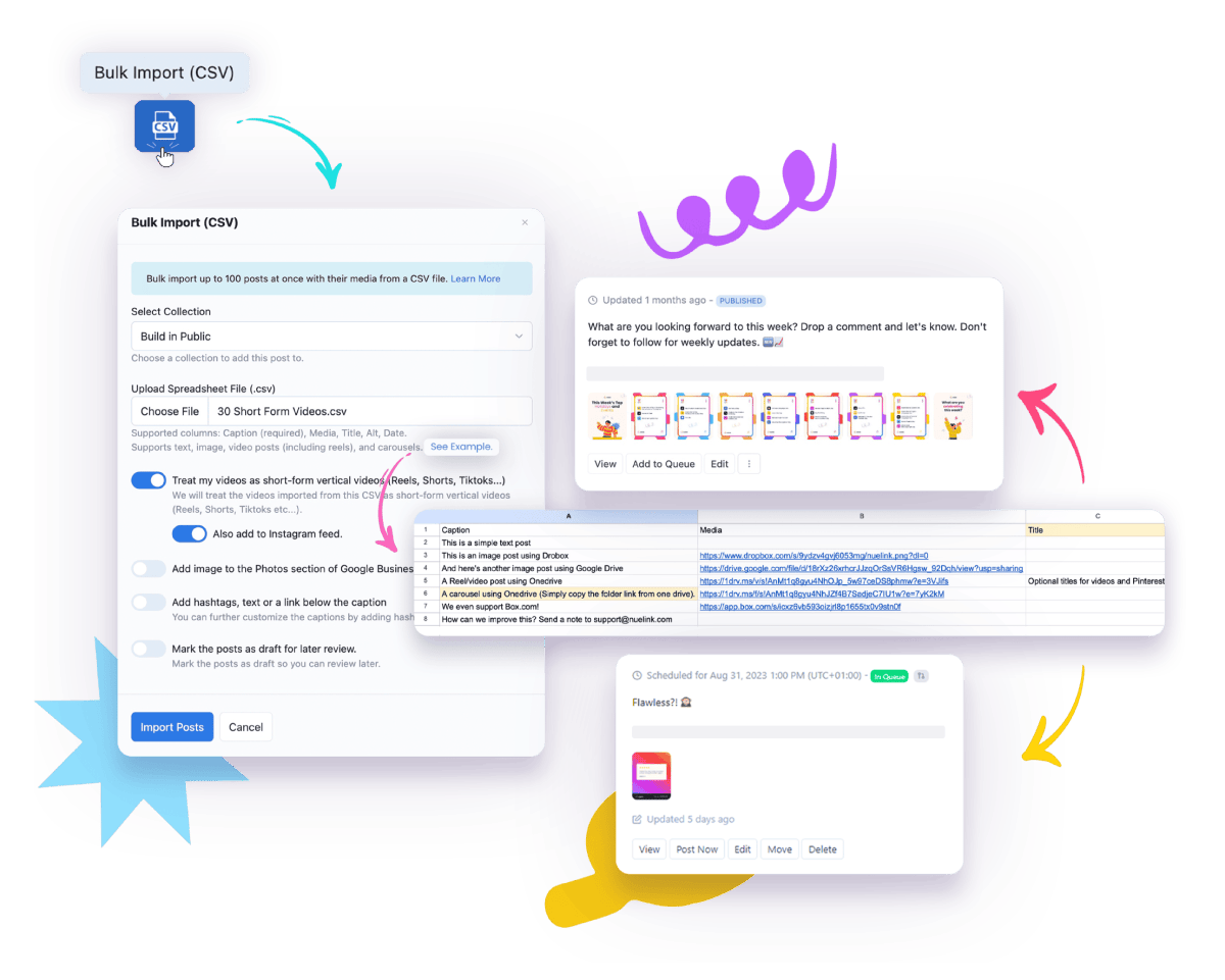 Schedule months of your clients' content with one click using a single CSV file.